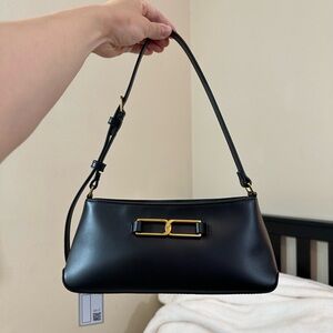 NWT Charles & Keith Gabine Leather Trapeze Shoulder Bag - Black, GENUINE LEATHER